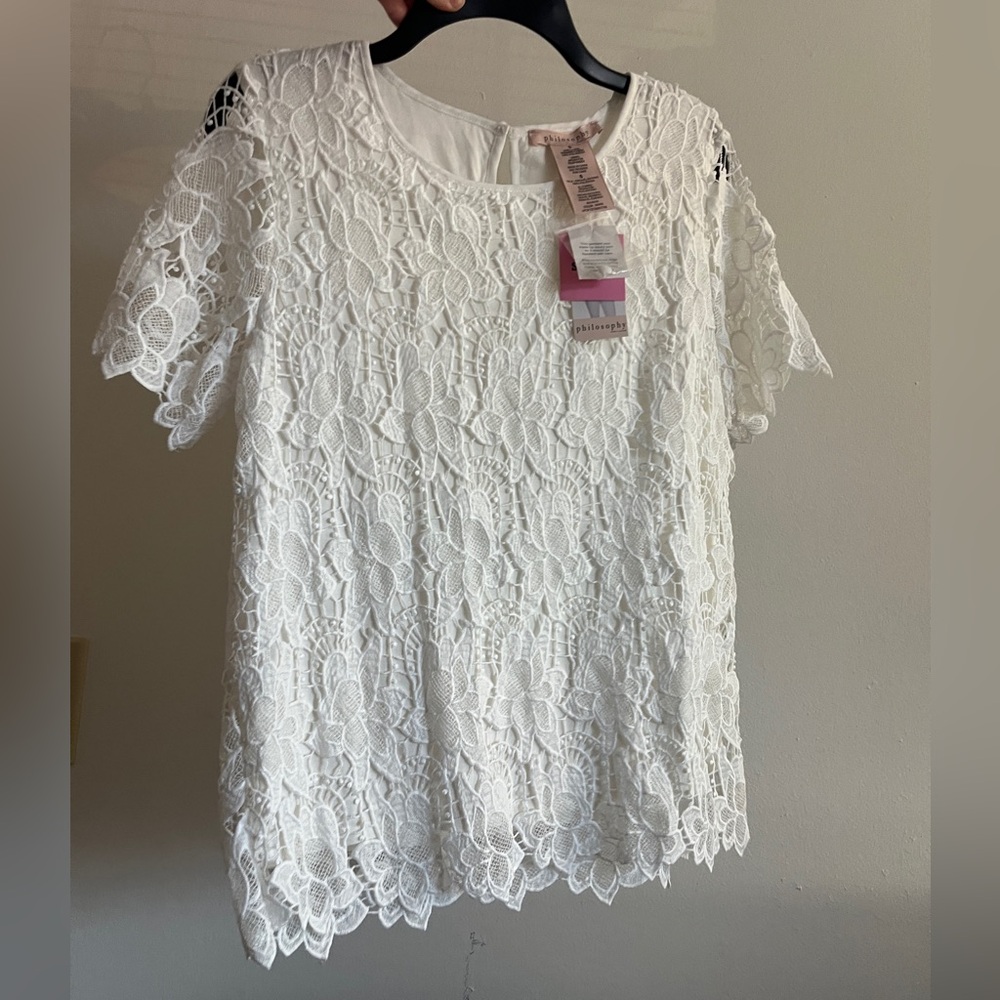 NWT Philosophy White Lace Blouse Small Bridal Shower Top Cottagecore Lace Shirt
